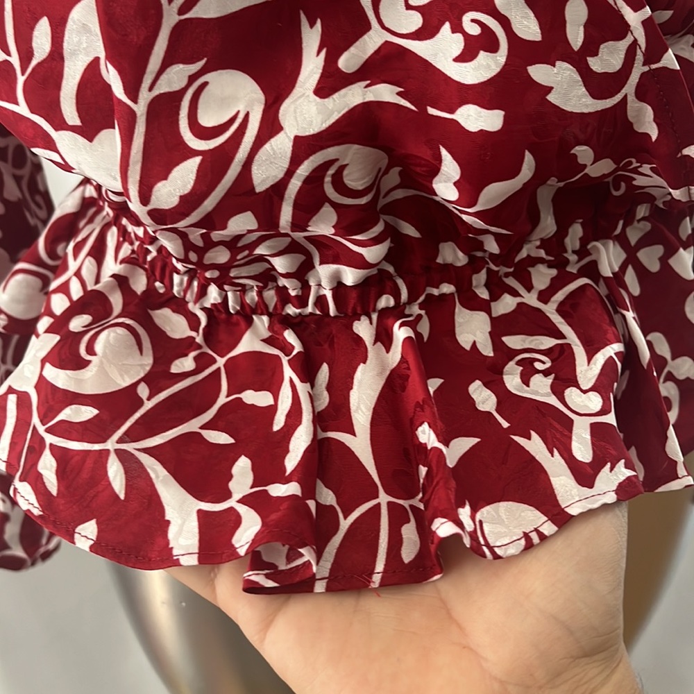 The Kooples Red and White Floral Print Puff-Sleeve Blouse - Picture 6 of 15